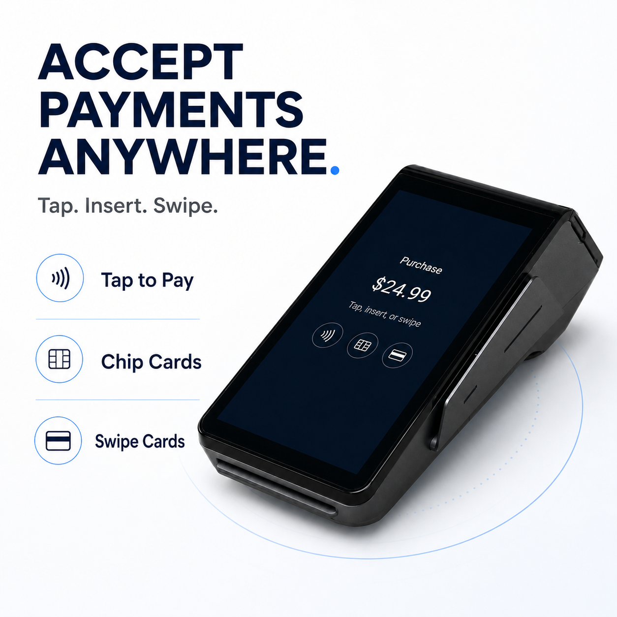 BoltPOS terminal showing tap, chip, and swipe payment support